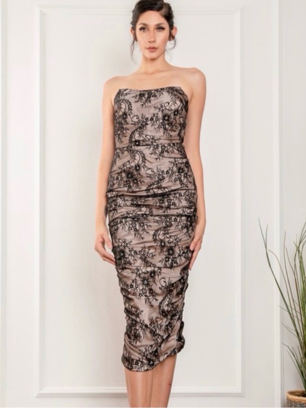 Rosevelvet, Strapless Lace-Overlay Evening Dress in Taupe and Black, L NWT